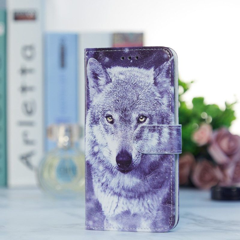 Flip Case Für Moto G73 5G Mit Kordel Schlüsselband Wolf