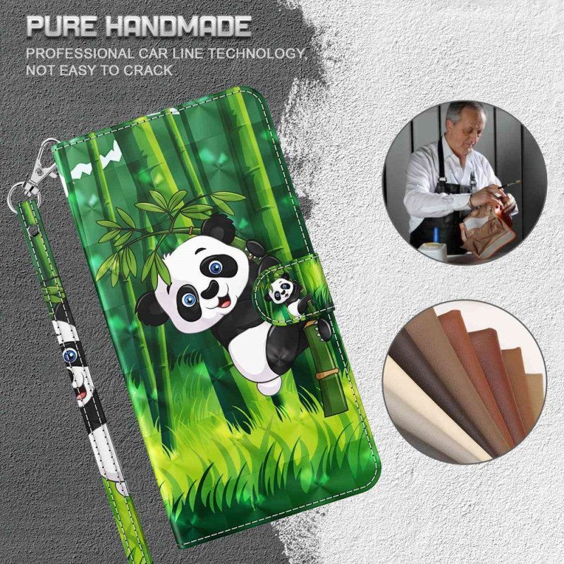 Lederhüllen Für Moto G73 5G Mit Kordel Panda Und Bambus Mit Schlüsselband