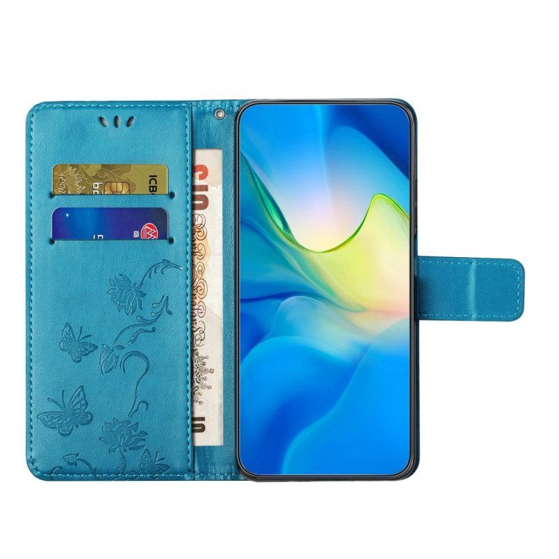 Flip Case Für Samsung Galaxy M13 Mit Kordel Riemchenblumen