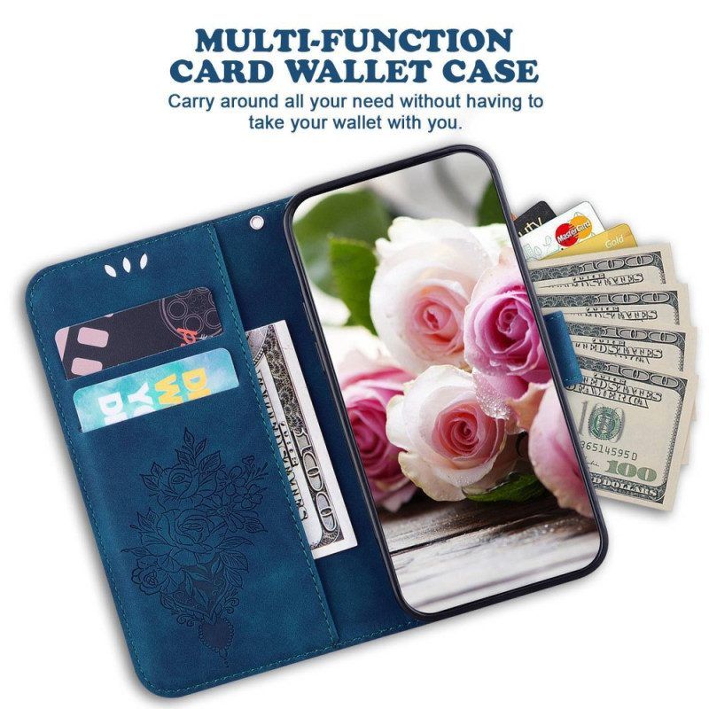 Flip Case Für Samsung Galaxy M13 Mit Kordel Riemchenrosen Und Schmetterlinge