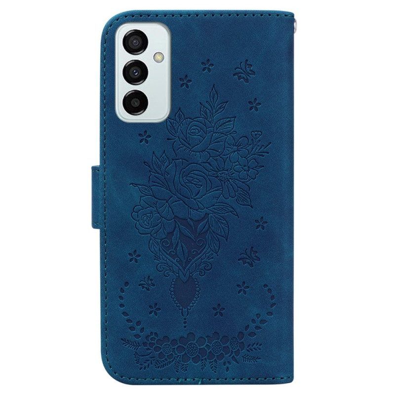 Flip Case Für Samsung Galaxy M13 Mit Kordel Riemchenrosen Und Schmetterlinge