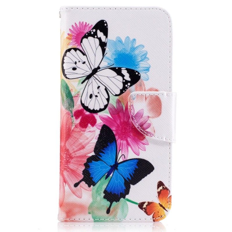 Lederhüllen Huawei P10 Lite Pink Bemalte Schmetterlinge Und Blumen