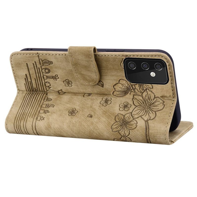 Flip Case Für Samsung Galaxy A54 5G Mit Kordel Blumen-tanga-katze