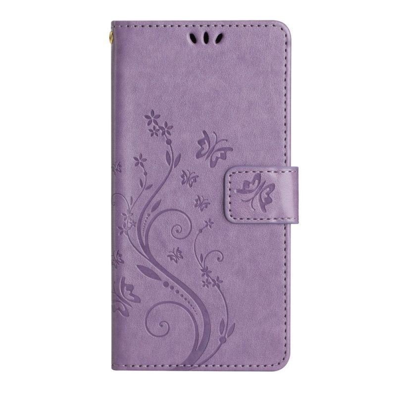 Flip Case Für Samsung Galaxy A54 5G Mit Kordel Blumen Und Schmetterlinge Mit Riemen