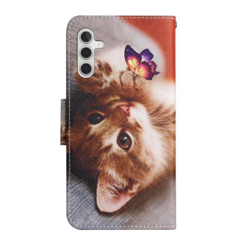 Flip Case Für Samsung Galaxy A54 5G Mit Kordel Katze Und Schmetterling Mit Schlüsselband