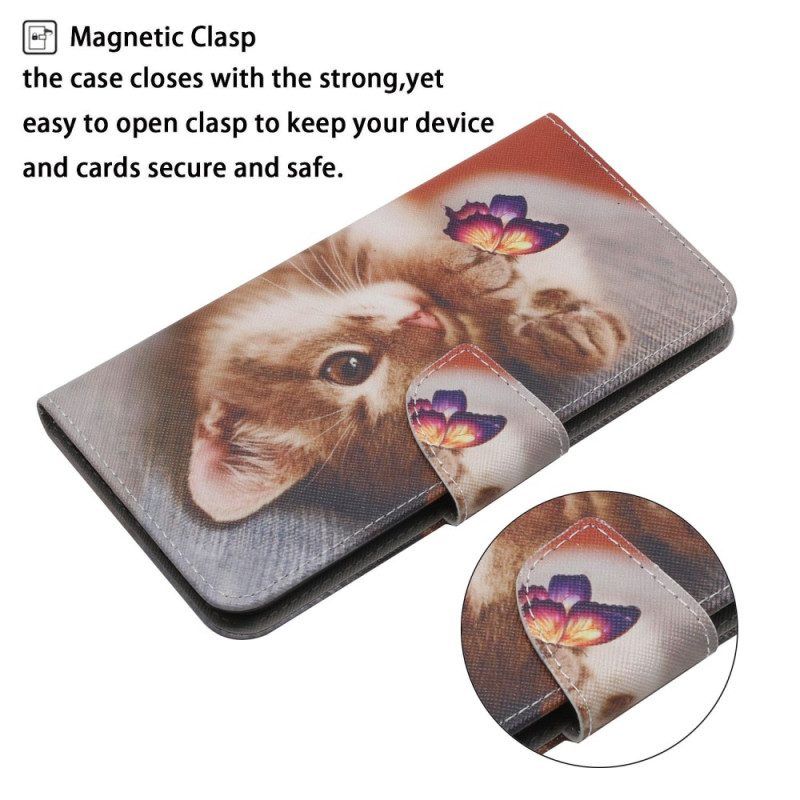 Flip Case Für Samsung Galaxy A54 5G Mit Kordel Katze Und Schmetterling Mit Schlüsselband