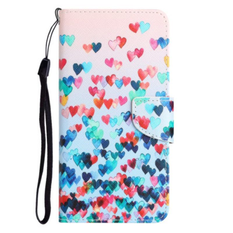 Flip Case Für Samsung Galaxy A54 5G Mit Kordel Strappy Hearts Regen