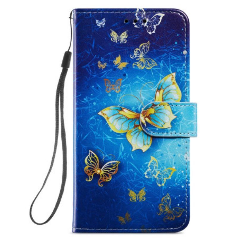 Lederhüllen Für Samsung Galaxy A54 5G Mit Kordel Goldene Schmetterlinge Mit Riemen