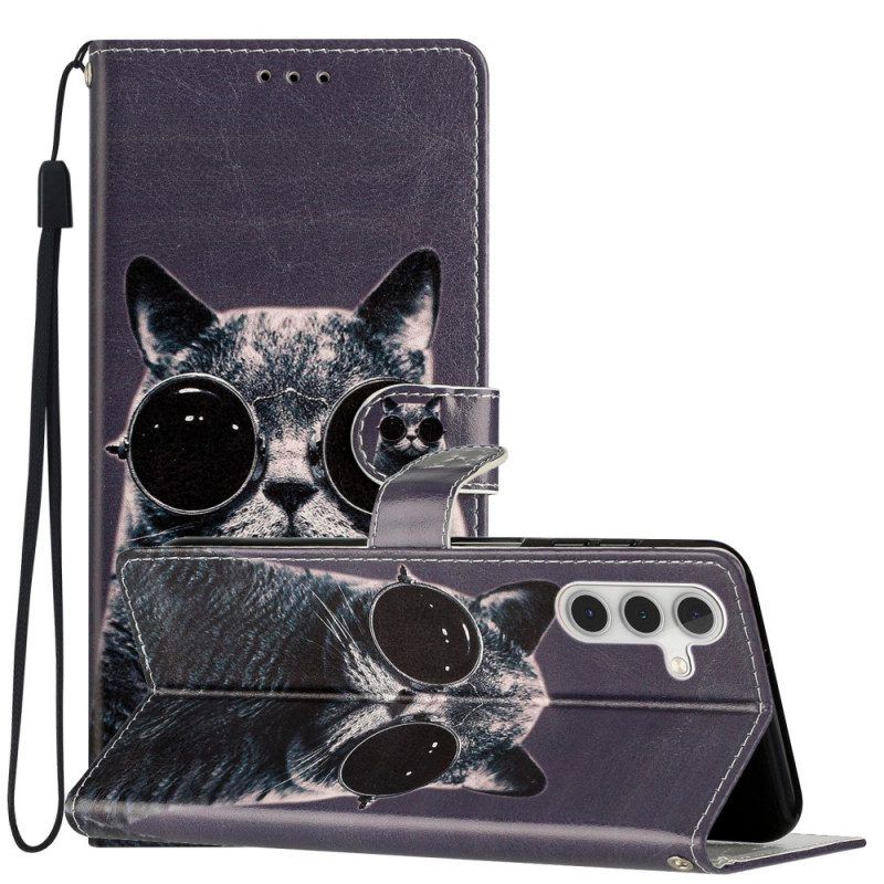 Lederhüllen Für Samsung Galaxy A54 5G Mit Kordel Katzen-riemenbrille