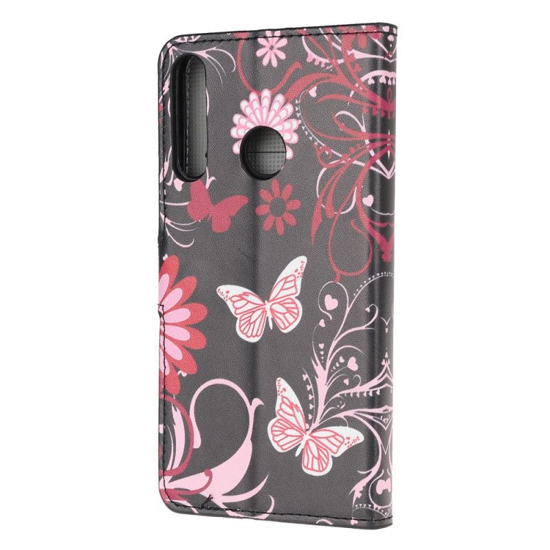 Lederhüllen Für Huawei P40 Lite E / Y7p Schwarz Schmetterlinge Und Blumen 2