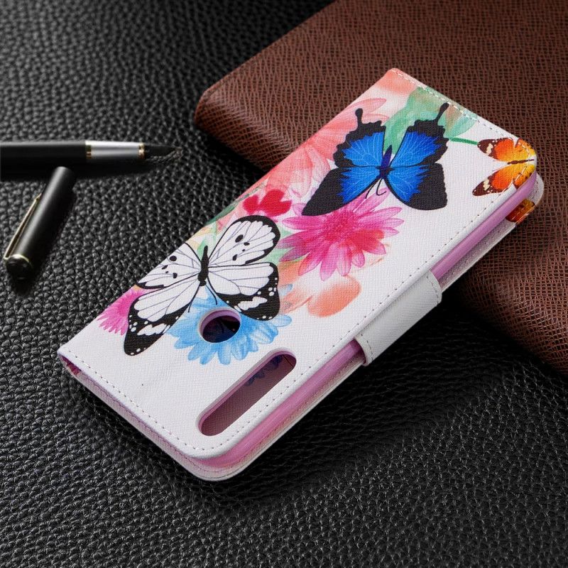 Lederhüllen Huawei P40 Lite E / Y7p Magenta Bemalte Schmetterlinge Und Blumen