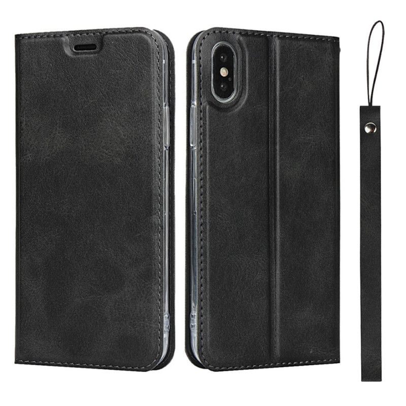 Flip Case iPhone X Schwarz Kunstleder Mit Riemen