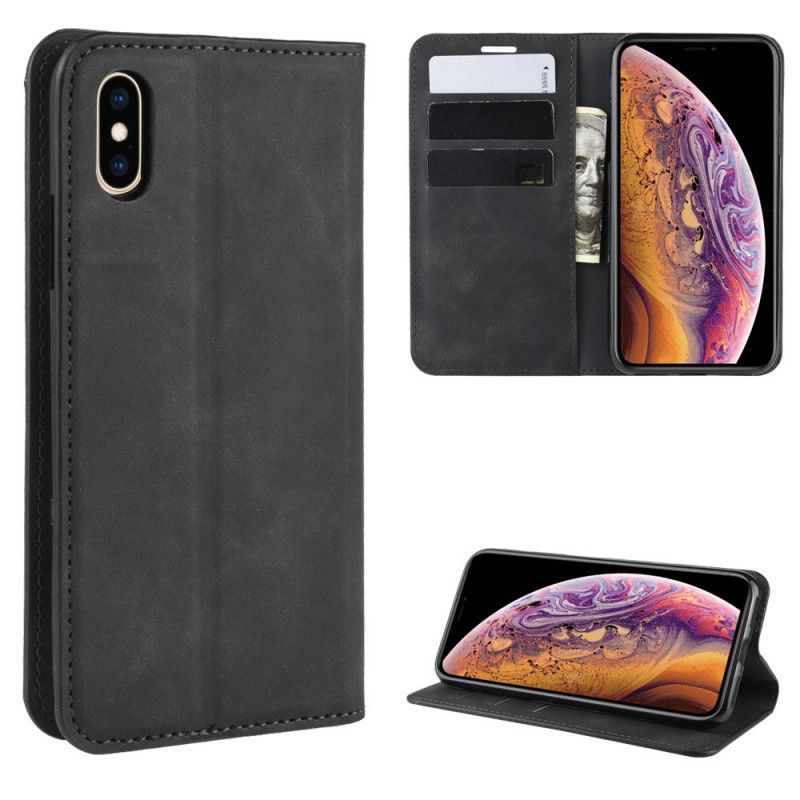 Flip Case iPhone X Schwarz Seidiger Ledereffekt