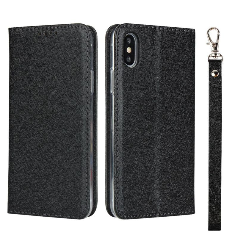 Flip Case iPhone X Schwarz Weicher Lederstil Mit Riemen