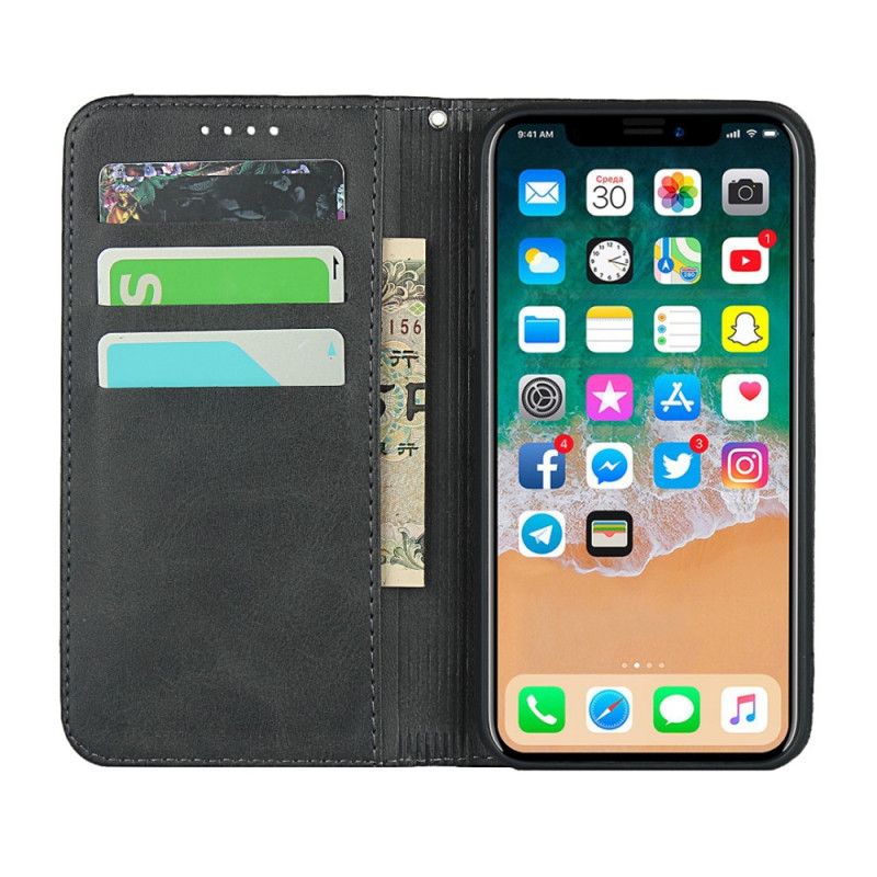 Flip Case iPhone X Schwarz Zweifarbiger Ledereffekt Mit Riemen