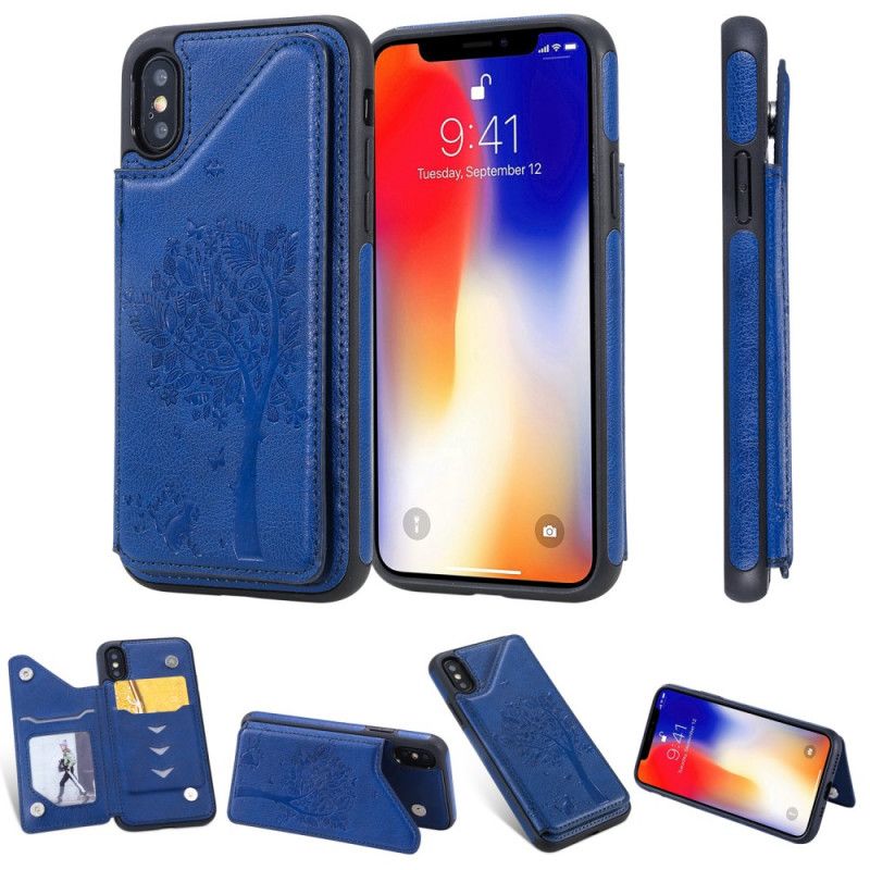 Hülle iPhone X Marineblau Kartenhalter Mit Katzendruck