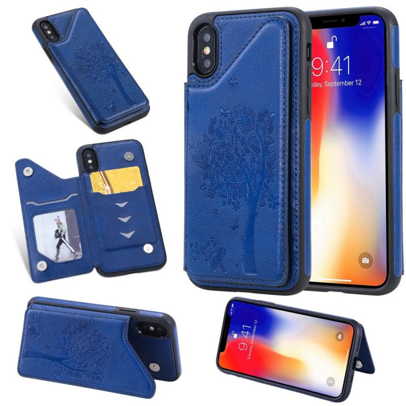 Hülle iPhone X Marineblau Kartenhalter Mit Katzendruck