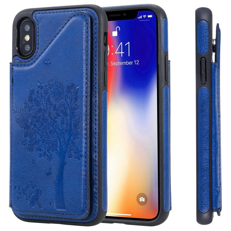 Hülle iPhone X Marineblau Kartenhalter Mit Katzendruck