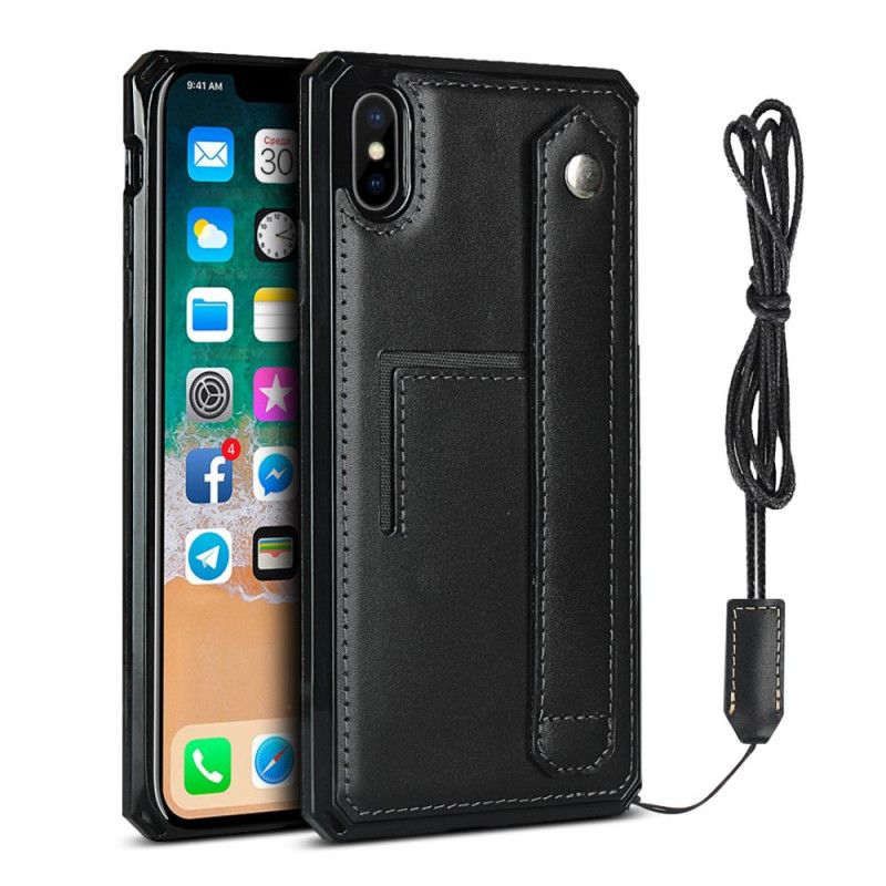 Hülle iPhone X Schwarz Echtleder-Kartenhalterband Und Lanyard