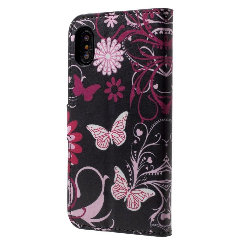 Lederhüllen iPhone X Schwarz Schmetterlinge Und Blumen