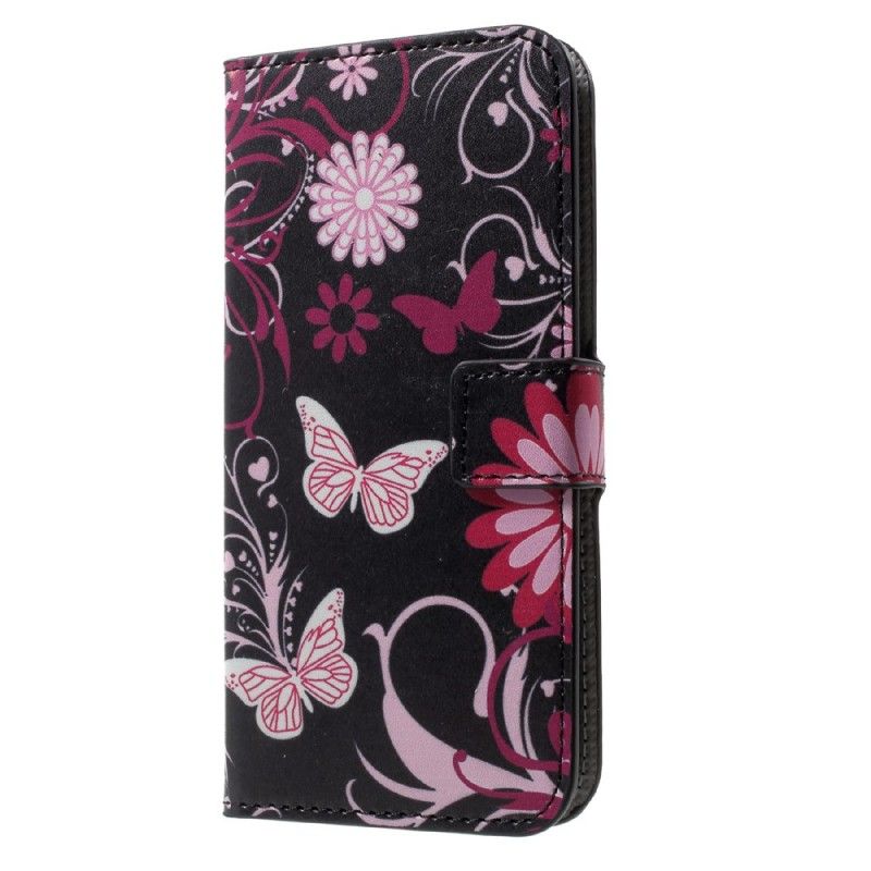 Lederhüllen iPhone X Schwarz Schmetterlinge Und Blumen