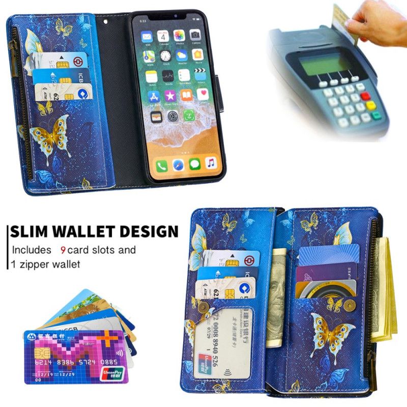 Lederhüllen iPhone X Schwarz Schmetterlings-Reißverschlusstasche