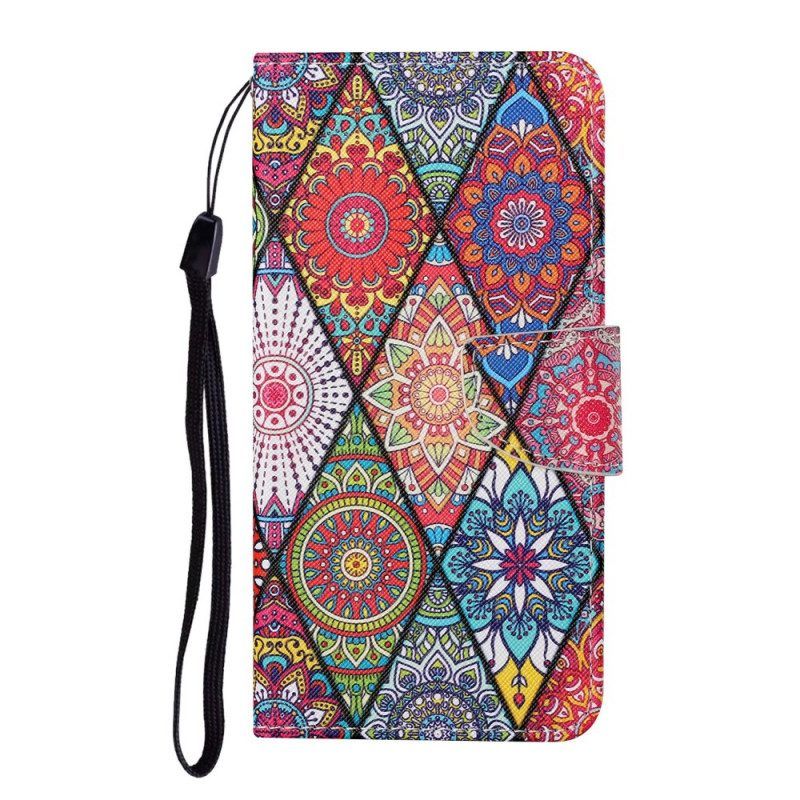 Flip Case Für Samsung Galaxy S22 Plus 5G Patchwork Mit Schlüsselband