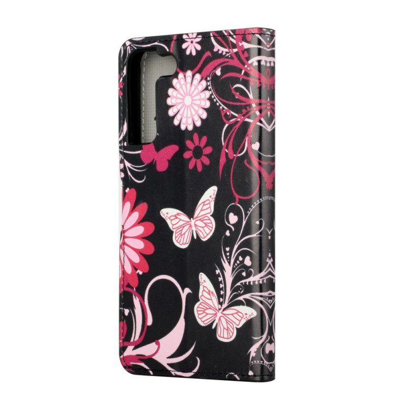 Lederhüllen Für Samsung Galaxy S22 Plus 5G Schmetterlinge Und Blumen