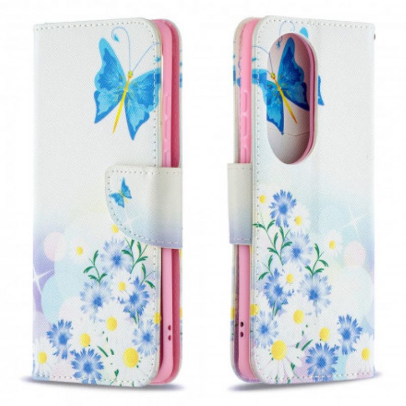 Lederhüllen Huawei P50 Pro Gemalte Schmetterlinge Und Blumen