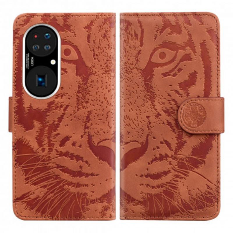 Lederhüllen Huawei P50 Pro Tigergesichtsdruck