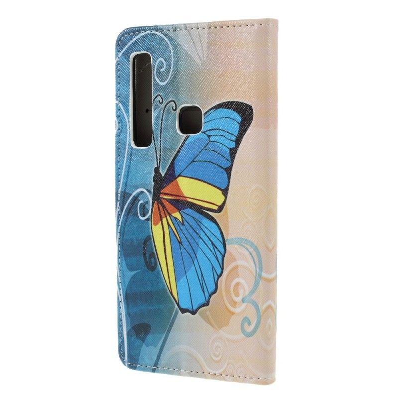 Lederhüllen Für Samsung Galaxy A9 Hellblau Schmetterlinge Und Blumen