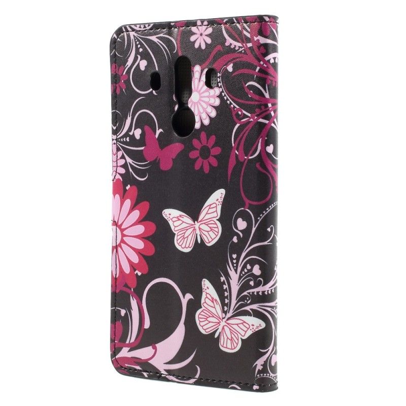 Lederhüllen Für Huawei Mate 10 Pro Schwarz Schmetterlinge Und Blumen