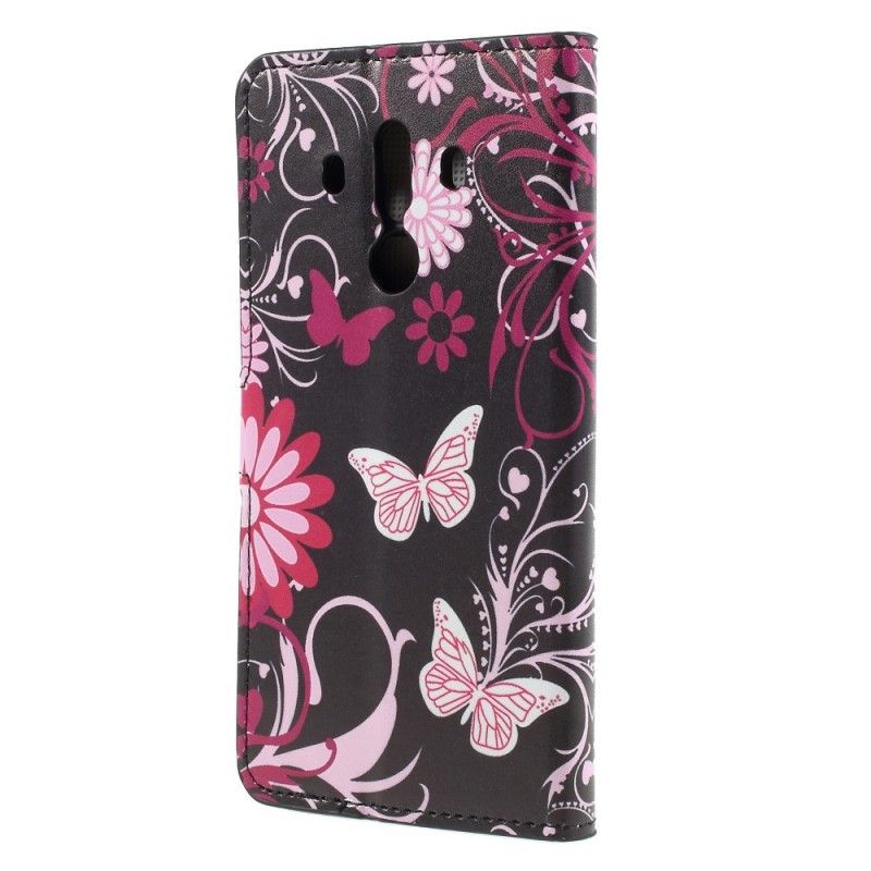 Lederhüllen Für Huawei Mate 10 Pro Schwarz Schmetterlinge Und Blumen