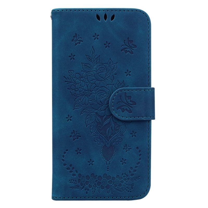 Flip Case Für Xiaomi Redmi Note 12 4G Mit Kordel Riemchenrosen Und Schmetterlinge