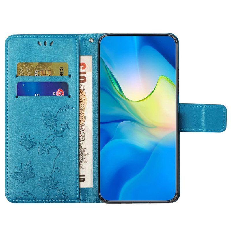 Lederhüllen Für Xiaomi Redmi Note 12 4G Mit Kordel Blumen Und Schmetterlinge Mit Riemen
