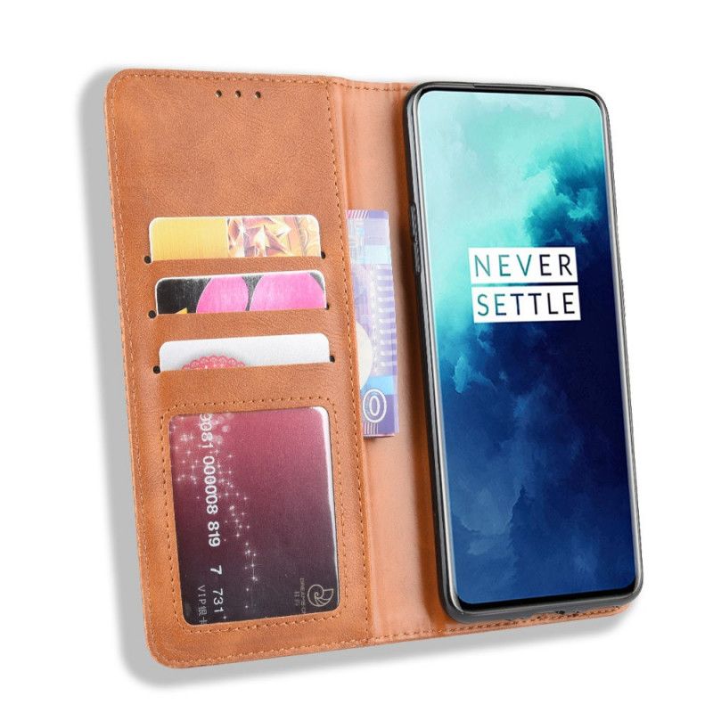 Flip Case Für OnePlus 7T Pro Schwarz Stilisierter Vintage-Ledereffekt