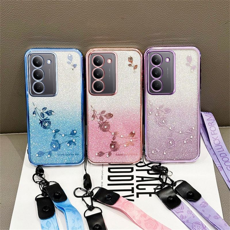 Hülle Realme 14x 5g Handyhülle Kadem Blumen Und Strasssteine Mit Lanyard