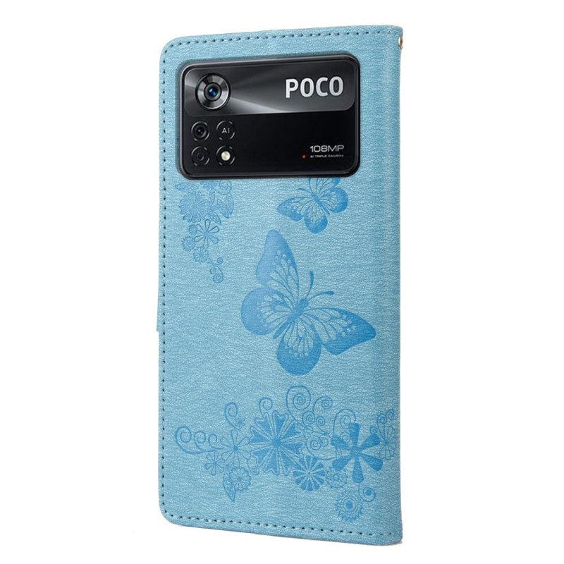 Flip Case Für Poco X4 Pro 5G Mit Kordel Hübsche Schmetterlinge Mit Riemen