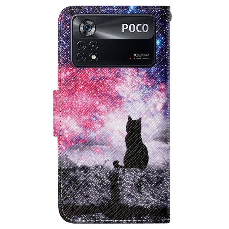 Lederhüllen Für Poco X4 Pro 5G Mit Kordel Katze In Der Nacht Mit Riemen