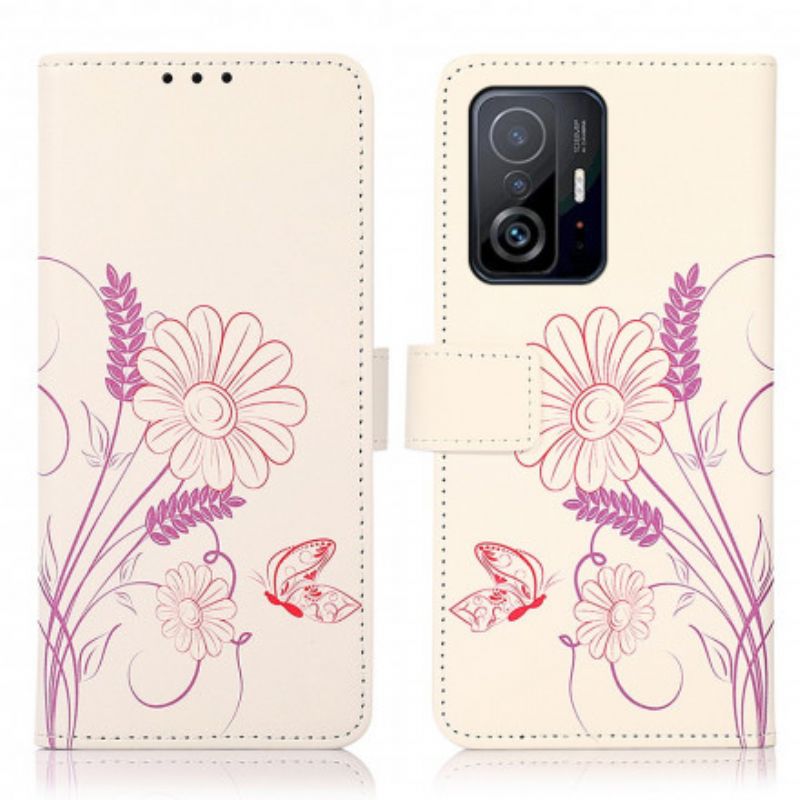 Lederhüllen Für Xiaomi Mi 11t / 11t Pro Schmetterlinge Und Blumen Zeichnen