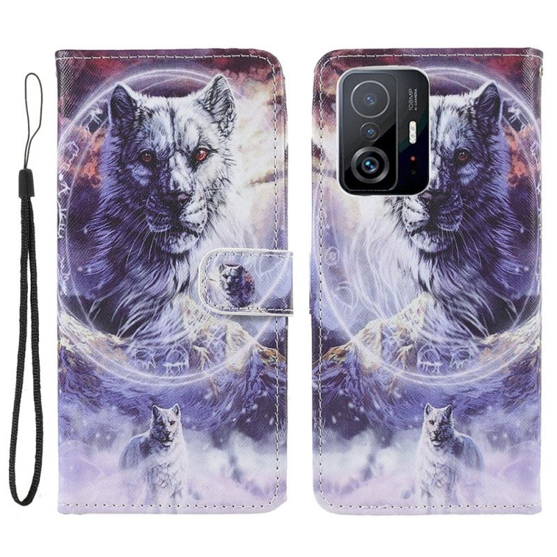 Lederhüllen Xiaomi Mi 11t / 11t Pro Handyhülle Wolf Im Winter Mit Lanyard