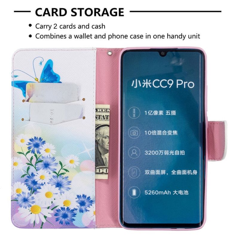 Lederhüllen Xiaomi Mi Note 10 / 10 Pro Pink Handyhülle Bemalte Schmetterlinge Und Blumen