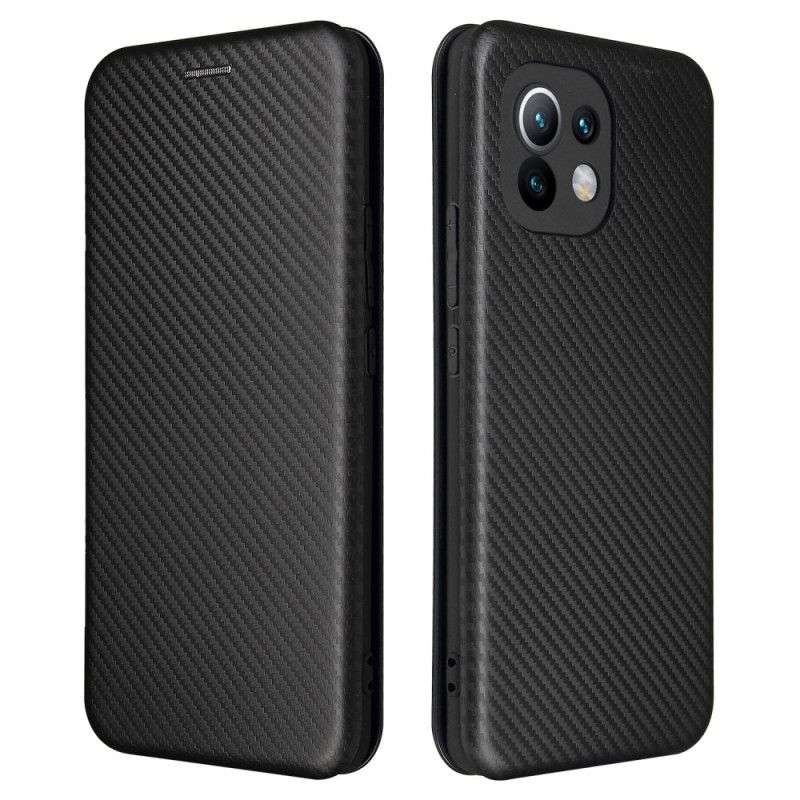 Flip Case Für Xiaomi Mi 11 Schwarz Kohlefaser Mit Stützring