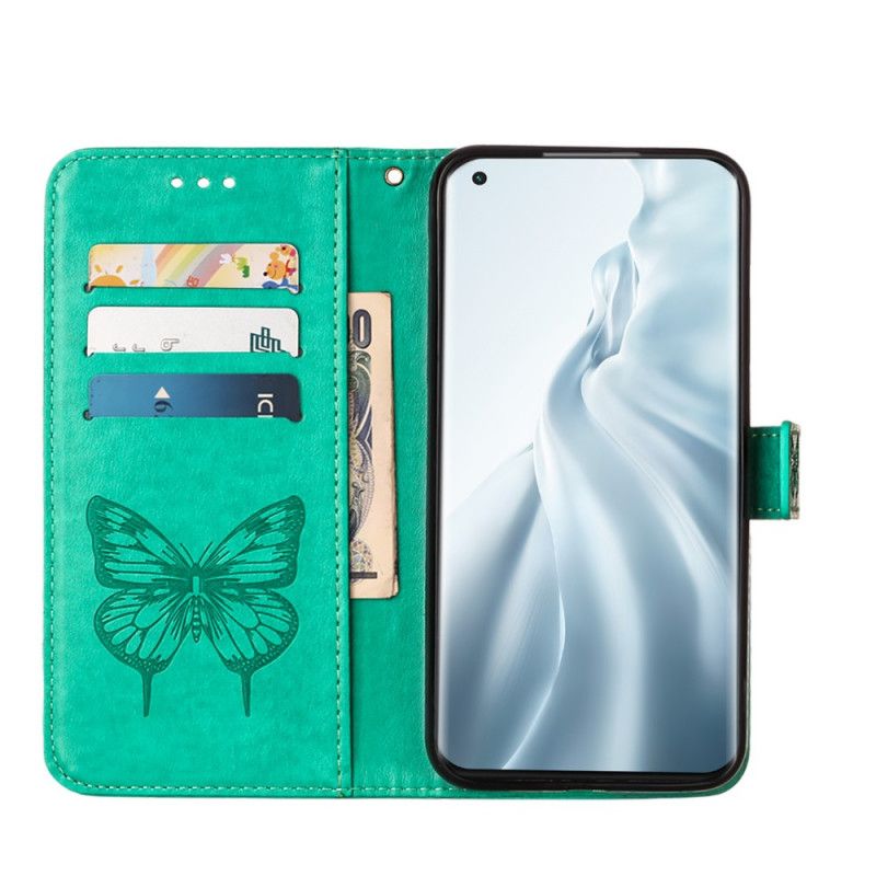 Lederhüllen Xiaomi Mi 11 Schwarz Designer-Schmetterling Mit Riemen