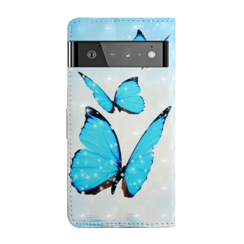 Lederhüllen Google Pixel 6 Handyhülle Fliegende Blaue Schmetterlinge