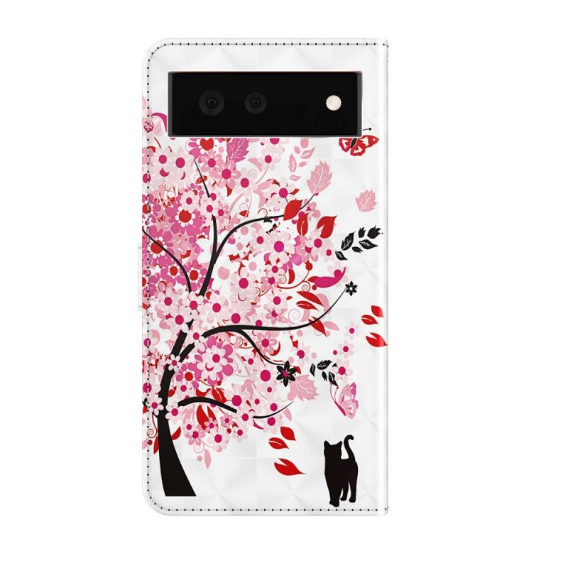 Lederhüllen Google Pixel 6 Handyhülle Rosa Baum Und Schwarze Katze