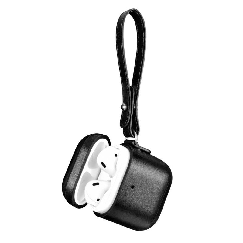 Hülle AirPods Schwarz Echtes Leder Mit Icarer Armband