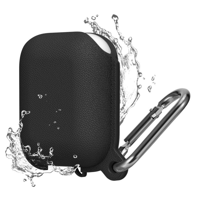 Hülle AirPods Schwarz Handyhülle Wasserdichtes Litschi-Kunstleder Mit Karabinerhaken