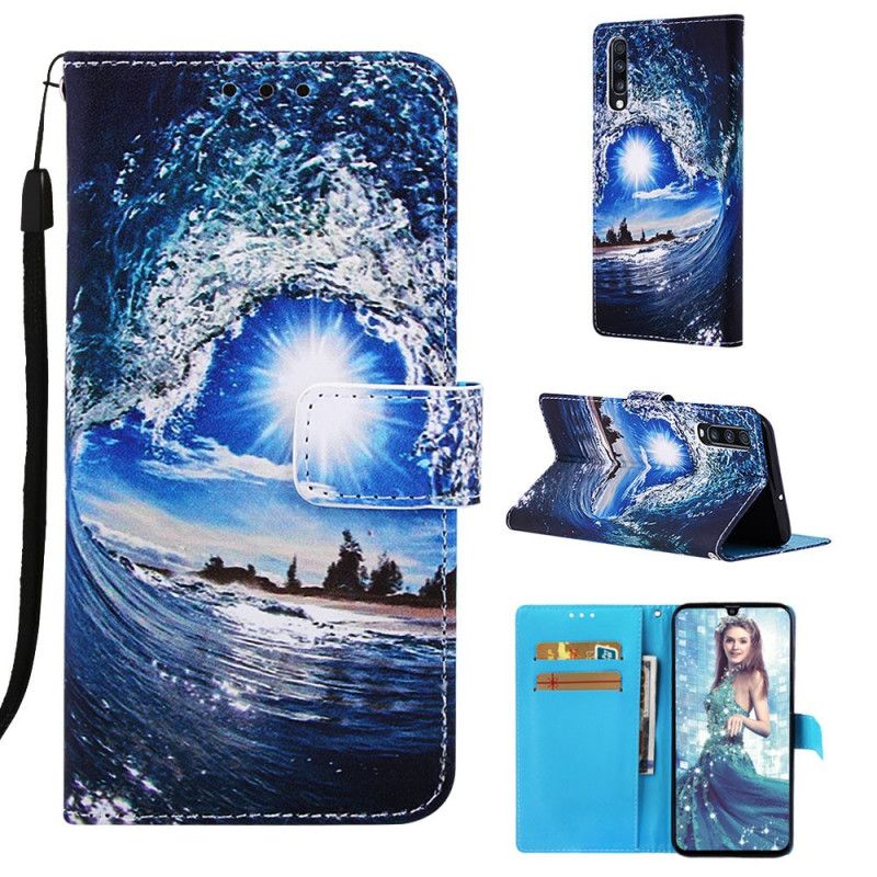Lederhüllen Samsung Galaxy A70 Marineblau Landschaftsträumereien Mit Riemen