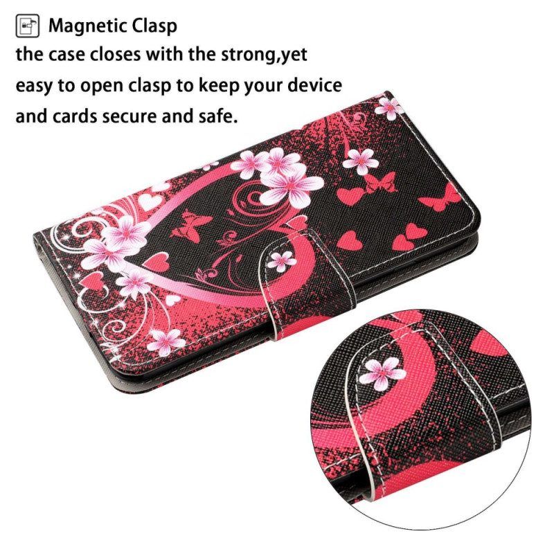 Flip Case Für Xiaomi 12T / 12T Pro Blumen Und Herzen Mit Schlüsselband